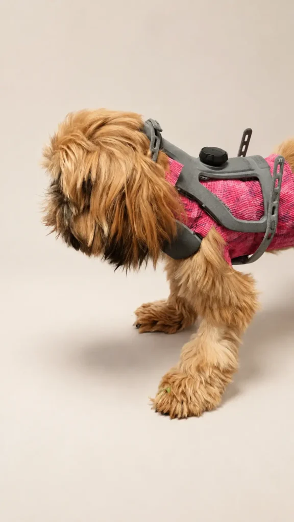 Fluffy dog wearing the WIMBA cervical collar neck brace, side view