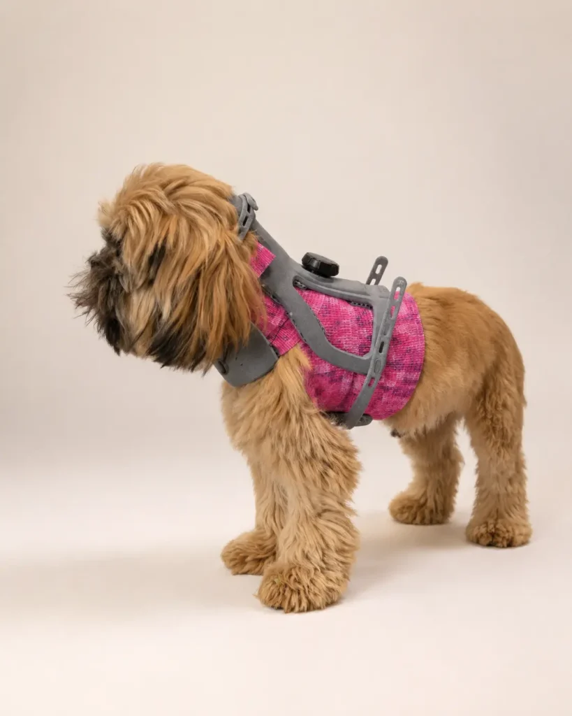 Fluffy dog wearing the WIMBA cervical collar neck brace outdoors